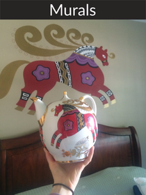 Folk art horse mural painted on a wall as modern home decoration. The mural drawing robot Botsy sized up the image. As a matter of fact, this artistic tool saves a lot of time on boring sketching,  gives more time for creative painting or for designing.