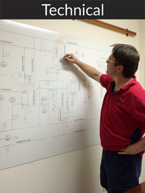 An engineer stands in front of a whiteboard with schematic drawings. The XY vertical plotter can upscale complex technical images like Block Flow Diagrams, Process Flow Diagrams, Piping and Instrumentation Diagrams, and Schematics Circuit Diagrams.