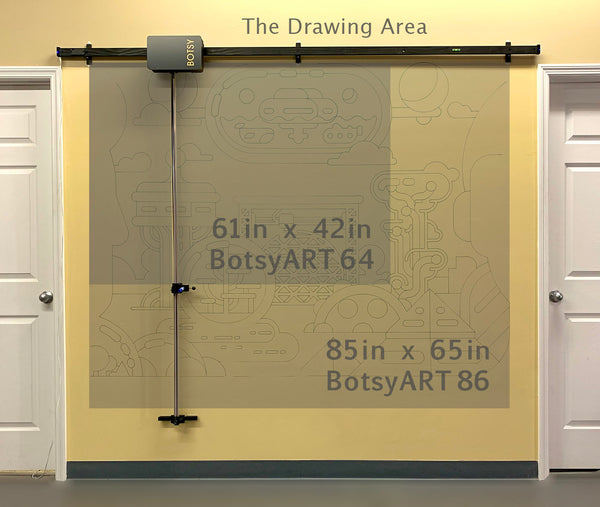 There are two wall drawing areas for different Botsy robot models. BotsyArt86 operates as a vertical plotter and draws over the maximum area of 8 x 6 ft. It transfers murals, images, pictures to a wall. Botsy could be an additional artistic tool which saves a lot of time.